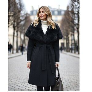 Fleurette Women's Black Oversize Dyed Fox Fur-collar Wool Wrap Coat O/S